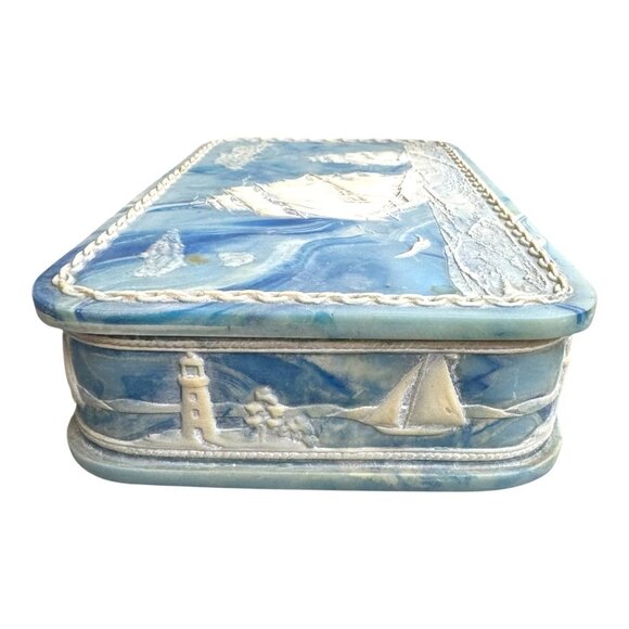 Nautical Sailing Clipper Ships Incolay Stone Jewelry Keepsake Box Large Usa 12" - Picture 12 of 16
